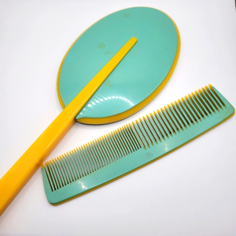VTG Vanity Set | Mirror & Comb | Blue & Yellow | Dupont | Made in the USA